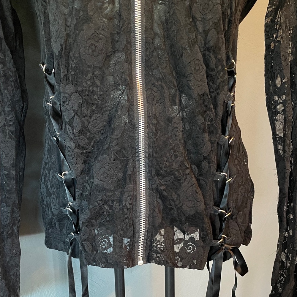 Royal Bones Black Floral Lace Zip Hoodie with Side Lace-Up - Picture 6 of 12